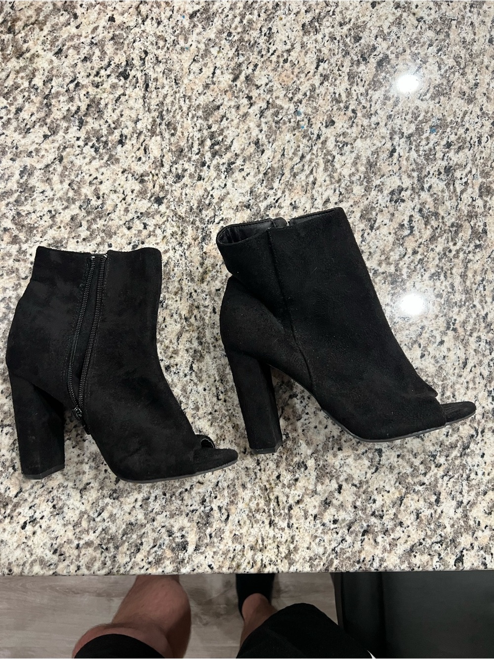 Black Suede Peep-Toe Ankle Booties - Women